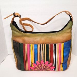 Floral Stripe Tan Anuschka Handbag Handpainted Leather Shoulder Bag Purse Excell